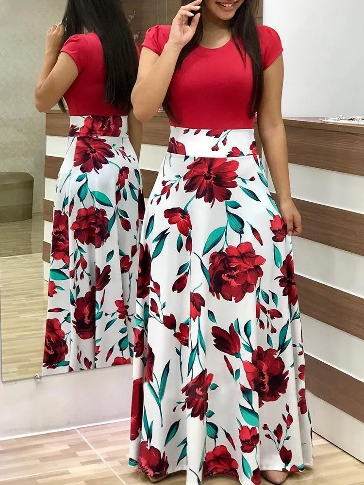 Damen Zweiteilig wirkendes Maxikleid mit figurbetontem Jersey-Oberteil und weitem Blumenrock Nord Taschen