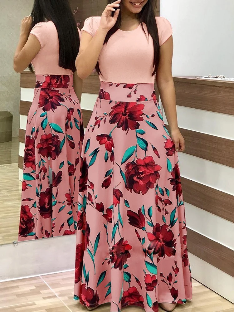 Damen Zweiteilig wirkendes Maxikleid mit figurbetontem Jersey-Oberteil und weitem Blumenrock Nord Taschen