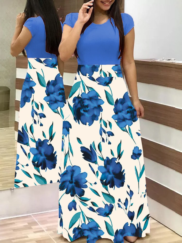Damen Zweiteilig wirkendes Maxikleid mit figurbetontem Jersey-Oberteil und weitem Blumenrock Nord Taschen