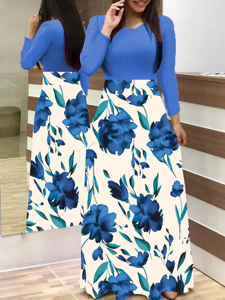 Damen Zweiteilig wirkendes Maxikleid mit figurbetontem Jersey-Oberteil und weitem Blumenrock Nord Taschen