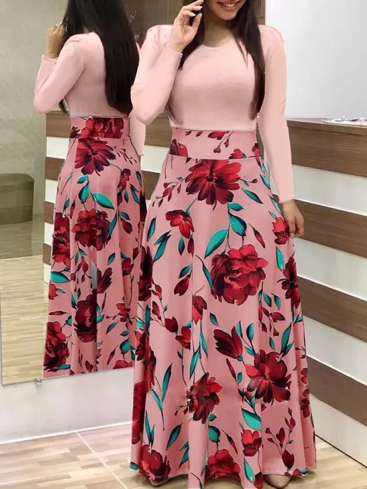 Damen Zweiteilig wirkendes Maxikleid mit figurbetontem Jersey-Oberteil und weitem Blumenrock Nord Taschen