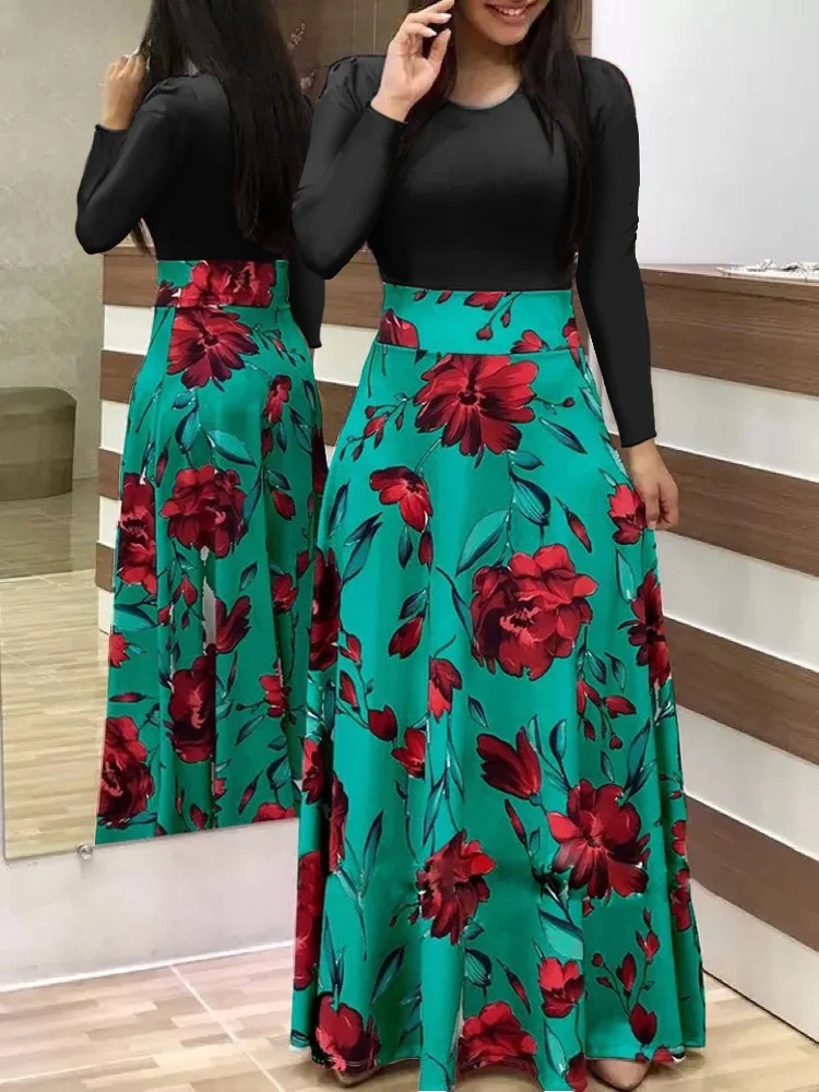 Damen Zweiteilig wirkendes Maxikleid mit figurbetontem Jersey-Oberteil und weitem Blumenrock Nord Taschen