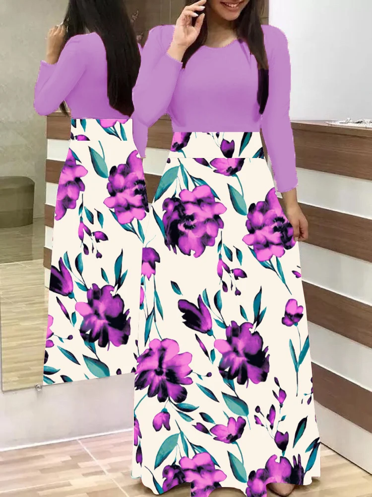 Damen Zweiteilig wirkendes Maxikleid mit figurbetontem Jersey-Oberteil und weitem Blumenrock Nord Taschen