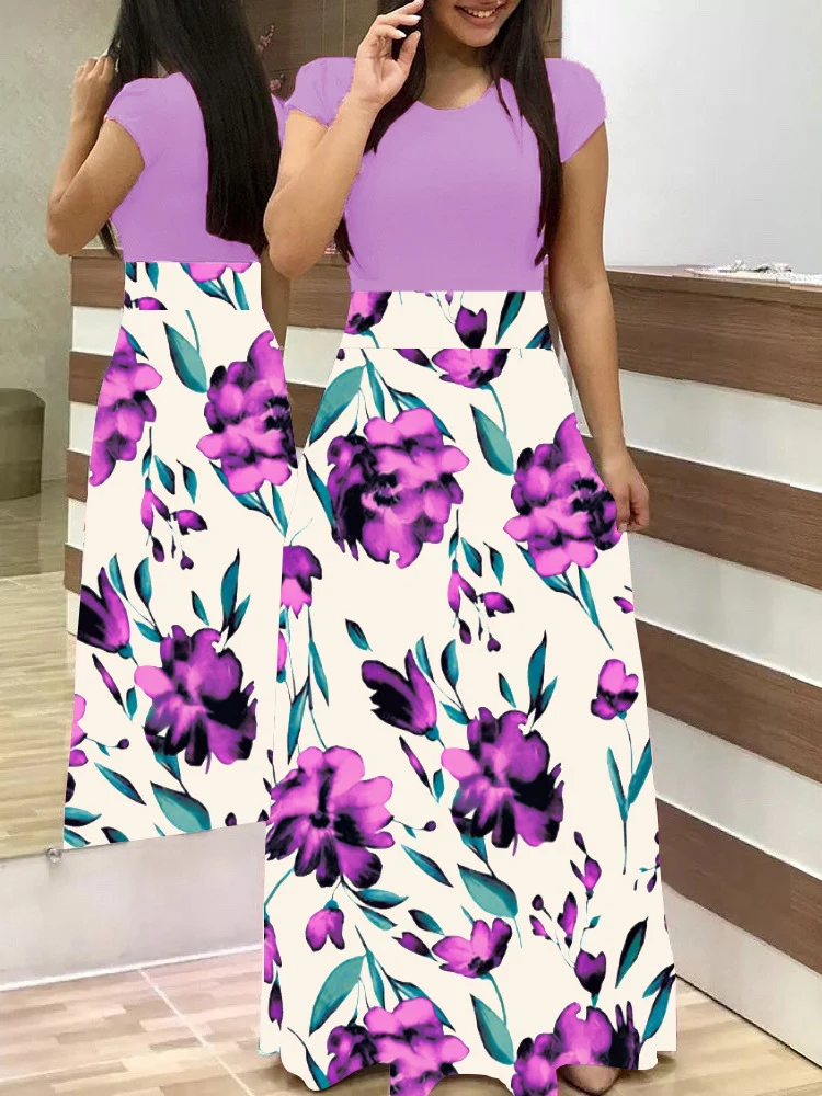 Damen Zweiteilig wirkendes Maxikleid mit figurbetontem Jersey-Oberteil und weitem Blumenrock Nord Taschen
