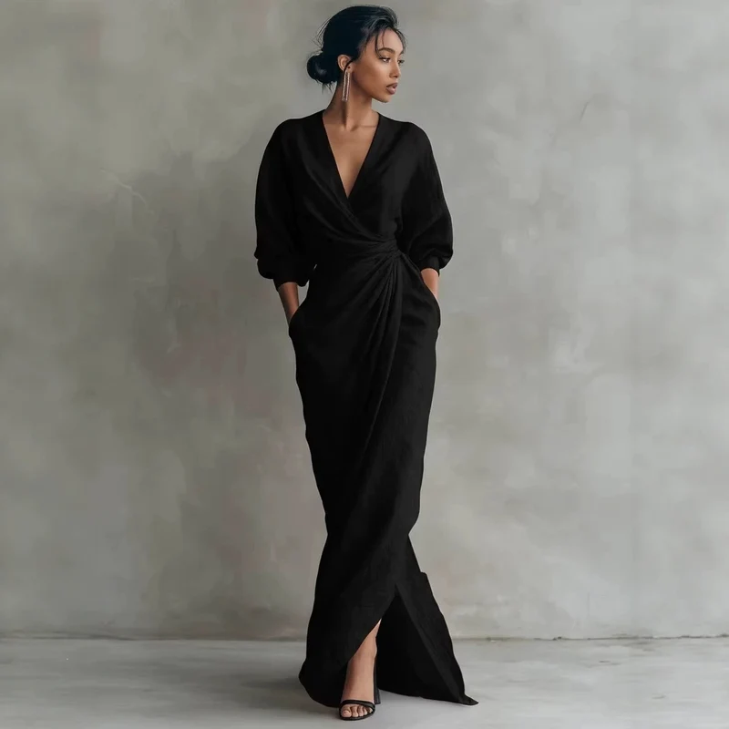 Damen Wickel-Maxikleid aus Leinenmix mit tiefem V-Ausschnitt und Ballonärmeln Nord Taschen