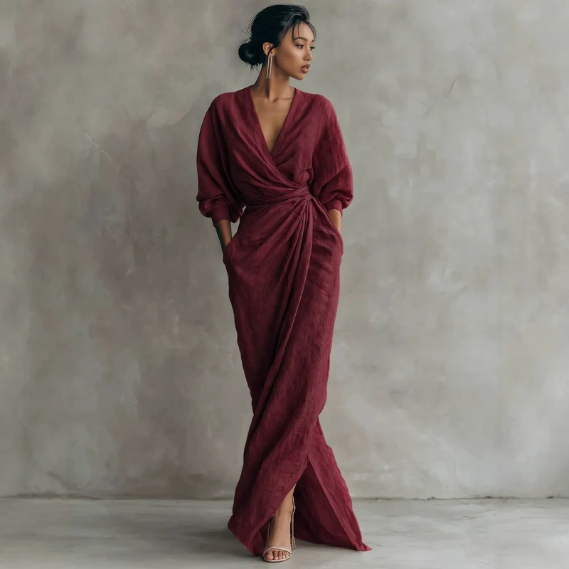 Damen Wickel-Maxikleid aus Leinenmix mit tiefem V-Ausschnitt und Ballonärmeln Nord Taschen