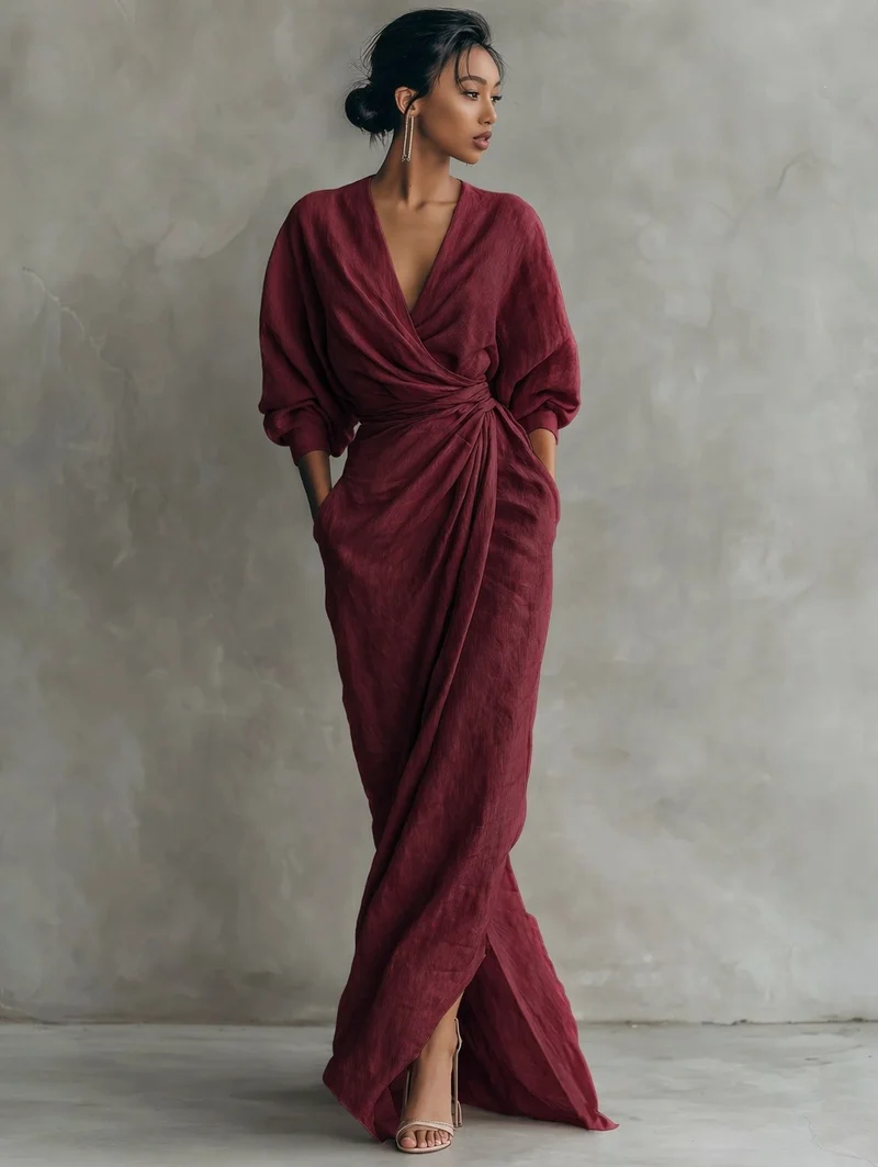 Damen Wickel-Maxikleid aus Leinenmix mit tiefem V-Ausschnitt und Ballonärmeln Nord Taschen