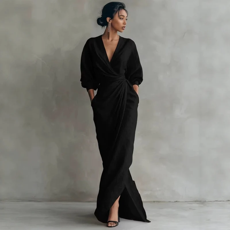 Damen Wickel-Maxikleid aus Leinenmix mit tiefem V-Ausschnitt und Ballonärmeln Nord Taschen