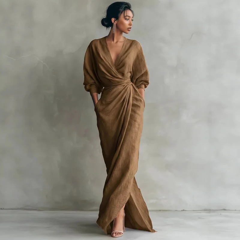 Damen Wickel-Maxikleid aus Leinenmix mit tiefem V-Ausschnitt und Ballonärmeln Nord Taschen