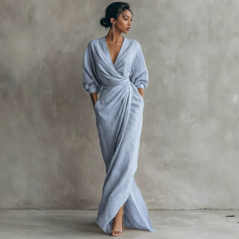 Damen Wickel-Maxikleid aus Leinenmix mit tiefem V-Ausschnitt und Ballonärmeln Nord Taschen