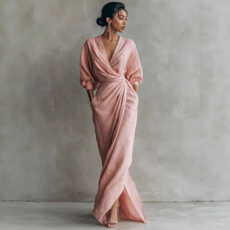 Damen Wickel-Maxikleid aus Leinenmix mit tiefem V-Ausschnitt und Ballonärmeln Nord Taschen