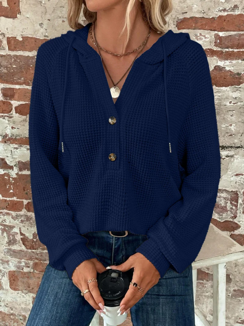 Damen Waffelstrick-Hoodie mit halber Knopfleiste und Kapuze Nord Taschen