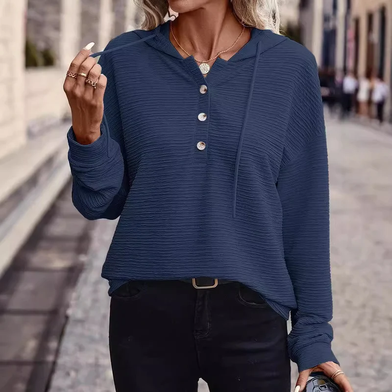 Damen Texturierter Kapuzenpullover mit Knopfleiste und Oversize-Schnitt Nord Taschen