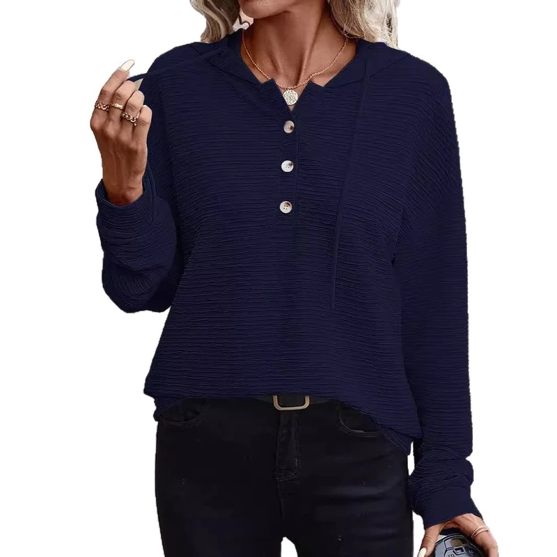 Damen Texturierter Kapuzenpullover mit Knopfleiste und Oversize-Schnitt Nord Taschen