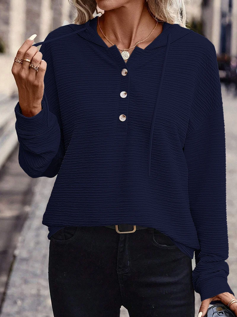 Damen Texturierter Kapuzenpullover mit Knopfleiste und Oversize-Schnitt Nord Taschen