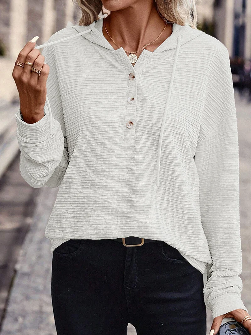 Damen Texturierter Kapuzenpullover mit Knopfleiste und Oversize-Schnitt Nord Taschen
