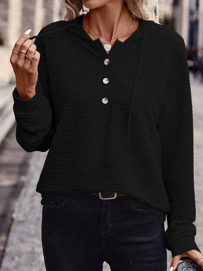Damen Texturierter Kapuzenpullover mit Knopfleiste und Oversize-Schnitt Nord Taschen