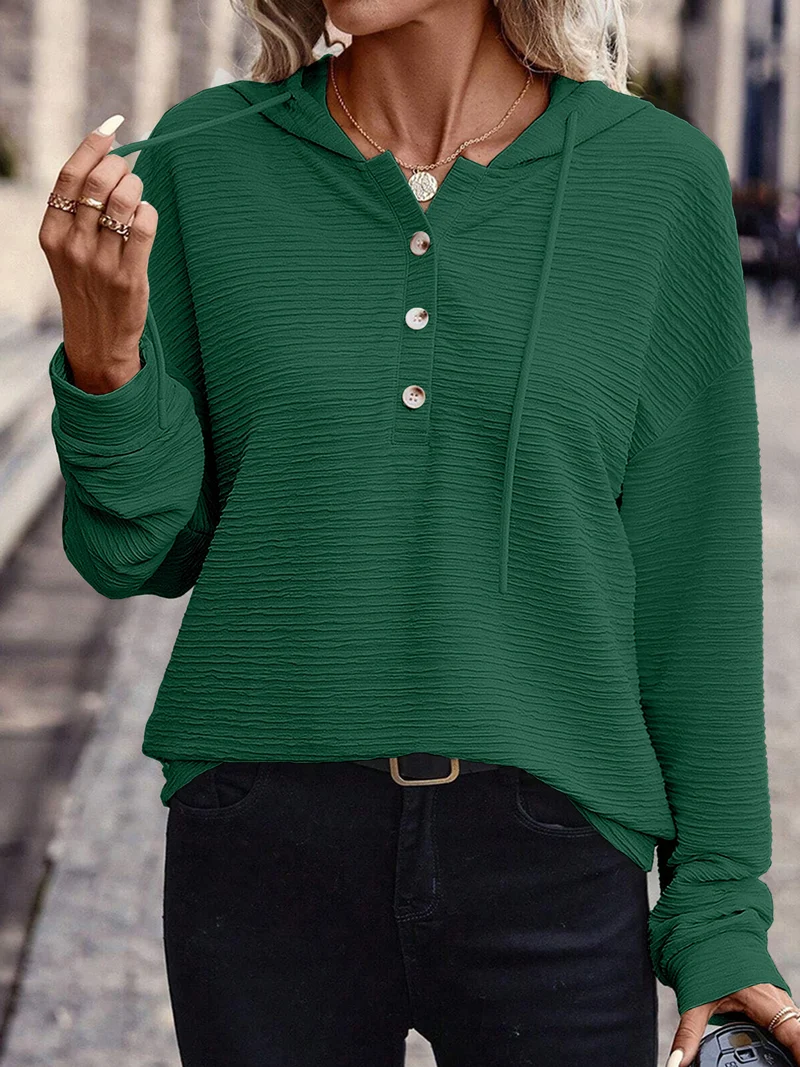 Damen Texturierter Kapuzenpullover mit Knopfleiste und Oversize-Schnitt Nord Taschen