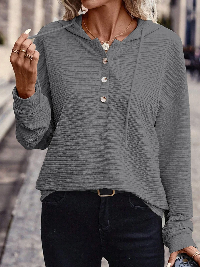 Damen Texturierter Kapuzenpullover mit Knopfleiste und Oversize-Schnitt Nord Taschen