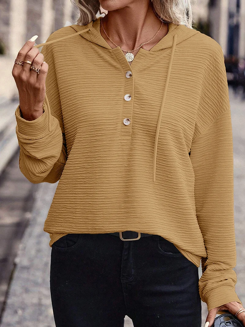 Damen Texturierter Kapuzen-Henleypullover mit Knopfleiste Nord Taschen