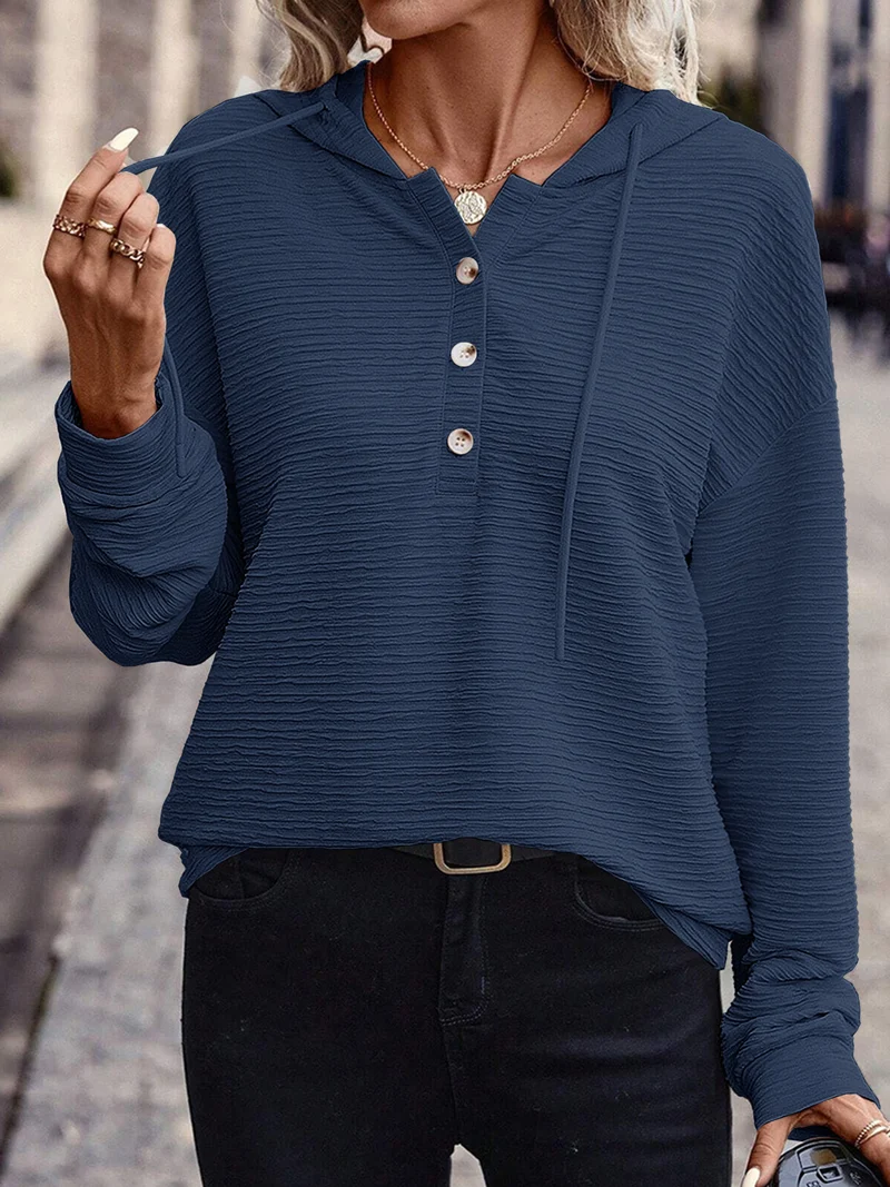 Damen Texturierter Kapuzen-Henleypullover mit Knopfleiste Nord Taschen