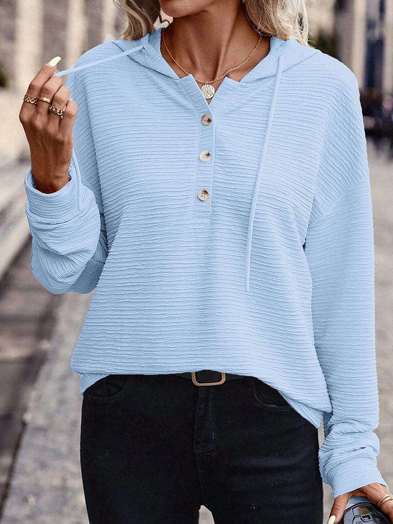 Damen Texturierter Kapuzen-Henleypullover mit Knopfleiste Nord Taschen