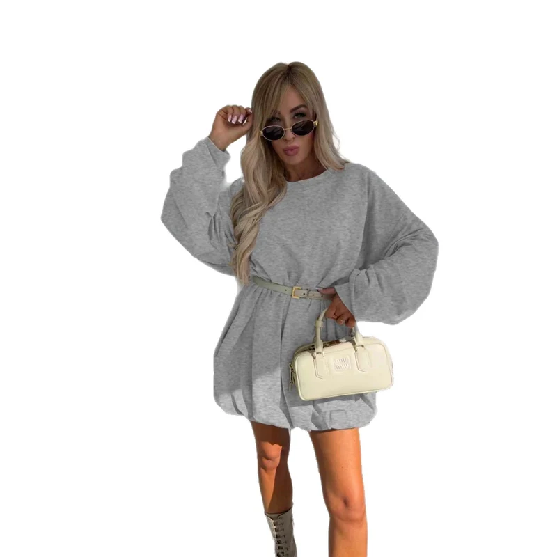 Damen Sweatkleid mit Ballonärmeln und Taillengürtel Nord Taschen