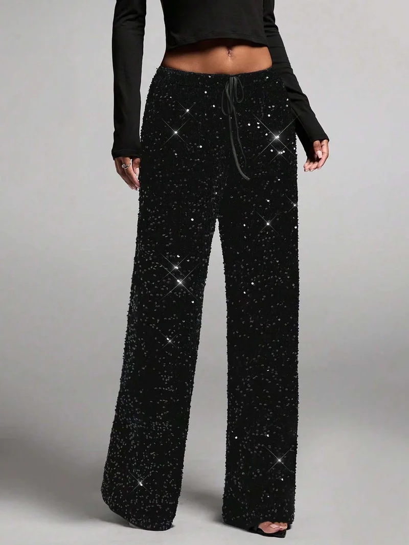 Damen Pailletten-Palazzohose mit hohem Bund und Kordelzug Nord Taschen
