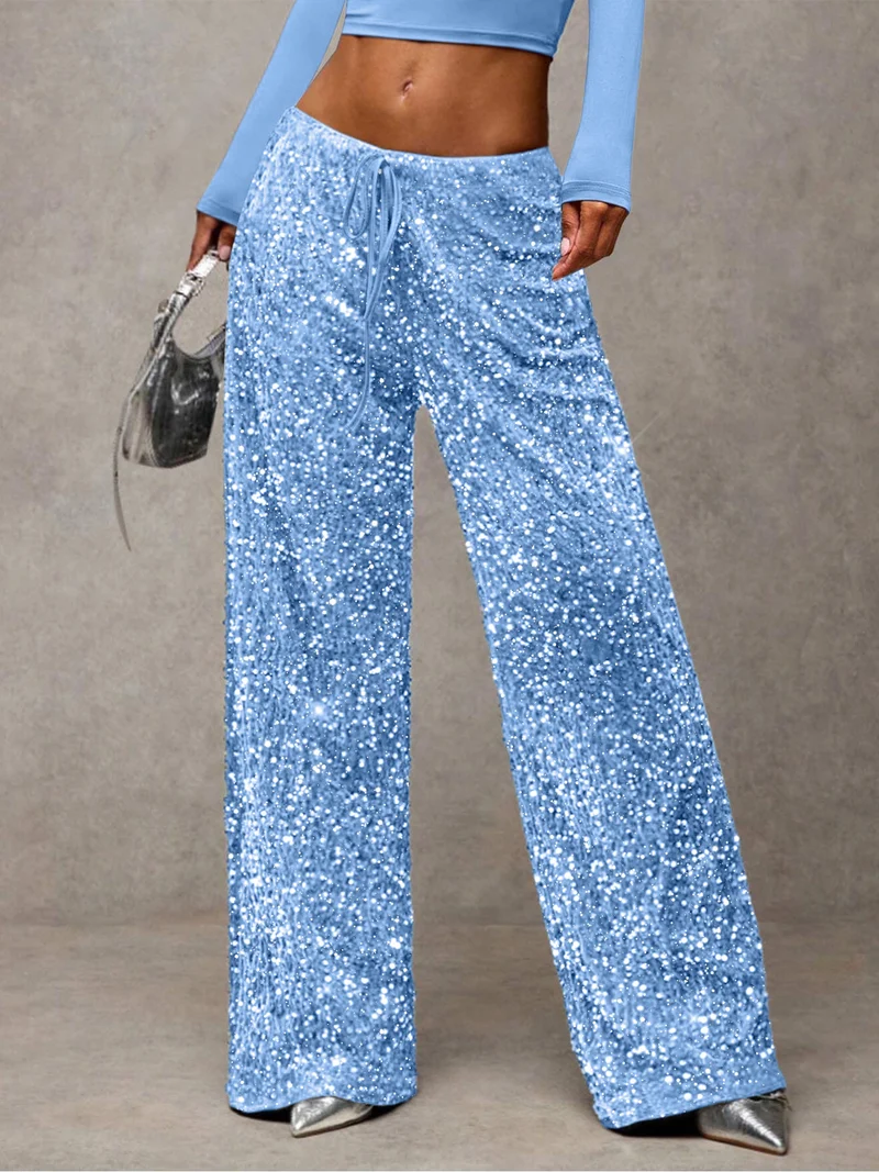 Damen Pailletten-Palazzohose mit hohem Bund und Kordelzug Nord Taschen