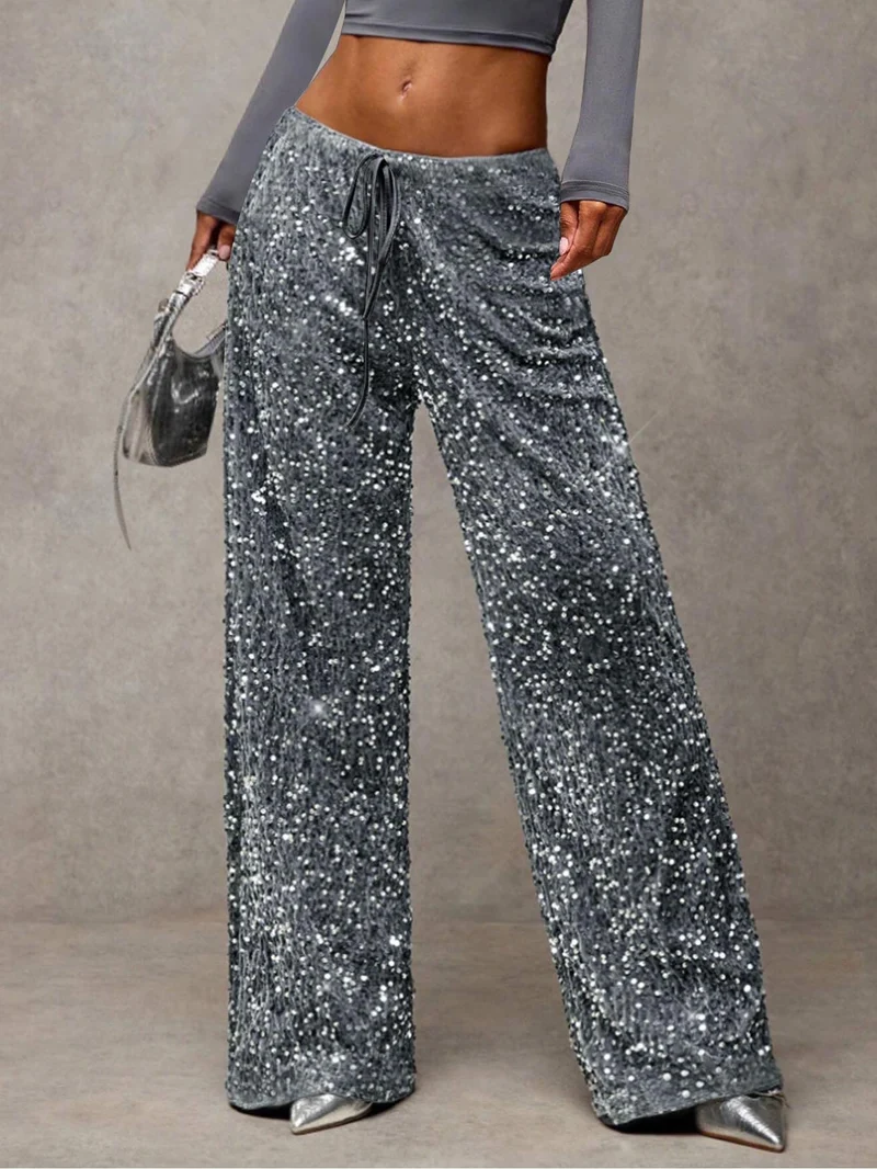 Damen Pailletten-Palazzohose mit hohem Bund und Kordelzug Nord Taschen