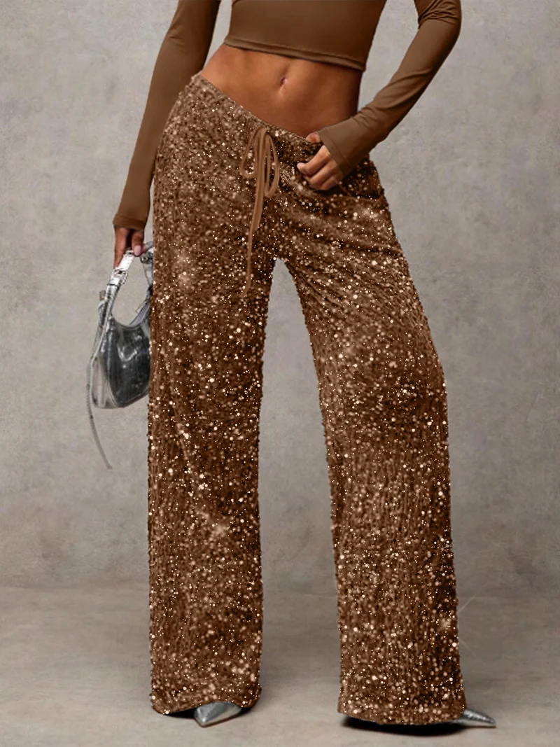 Damen Pailletten-Palazzohose mit hohem Bund und Kordelzug Nord Taschen