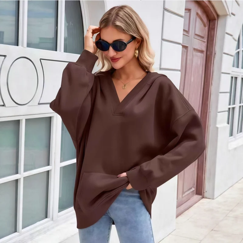 Damen Oversize V-Ausschnitt Hoodie mit Kapuze, Kängurutasche und verlängertem Saum Nord Taschen