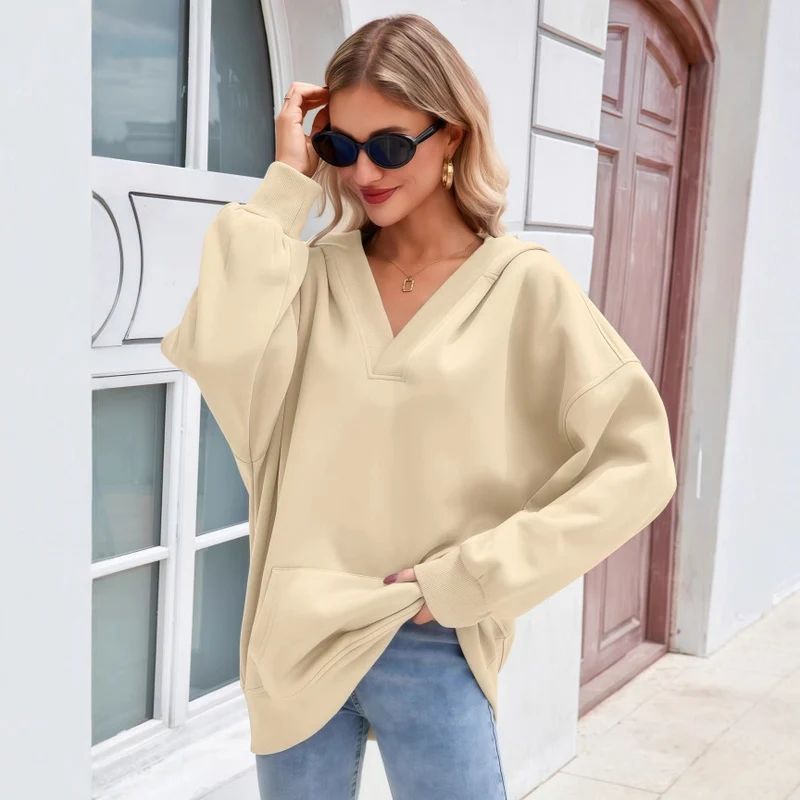 Damen Oversize V-Ausschnitt Hoodie mit Kapuze, Kängurutasche und verlängertem Saum Nord Taschen