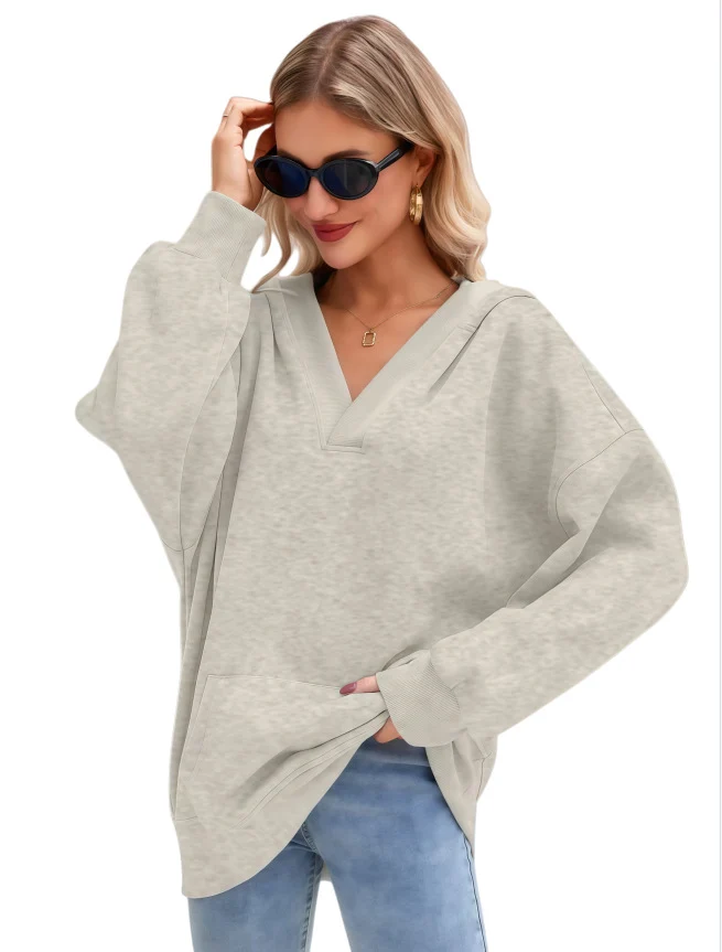Damen Oversize V-Ausschnitt Hoodie mit Kapuze, Kängurutasche und verlängertem Saum Nord Taschen