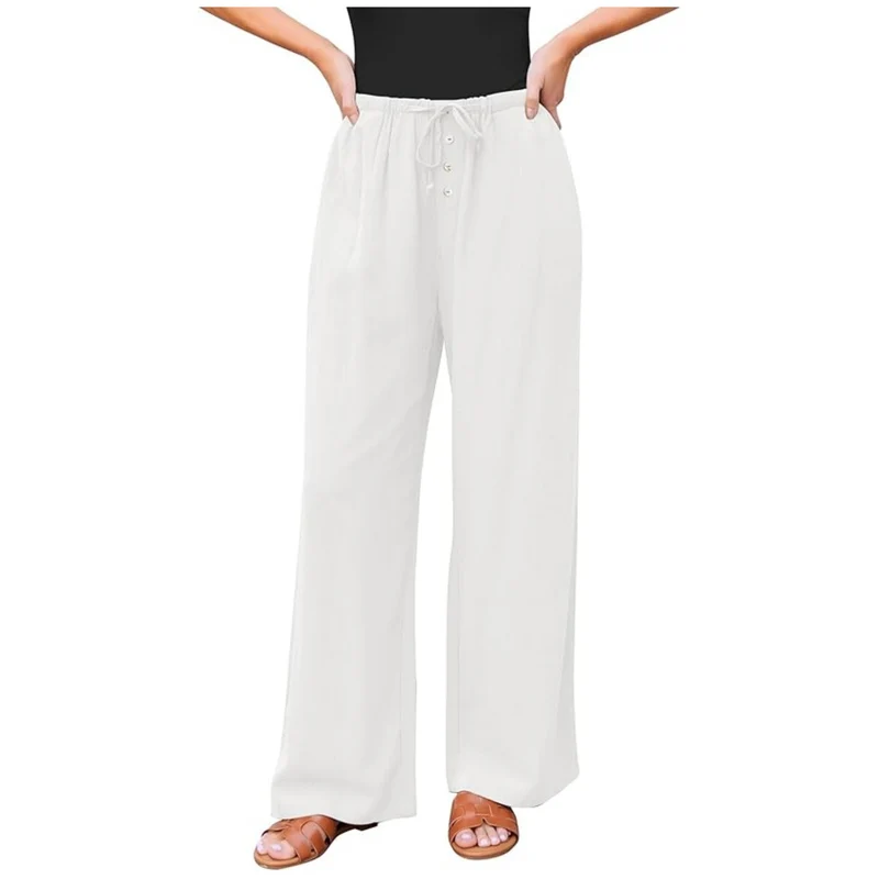 Damen Leinenoptik-Hose mit weitem Bein, Gummizug-Taille, Tunnelzug und Knopfdetail Nord Taschen