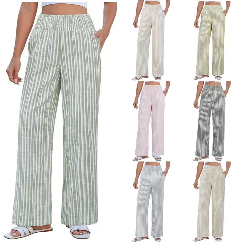 Damen Leichte Leinenoptik Palazzohose mit hohem Smokbund und Eingrifftaschen Nord Taschen