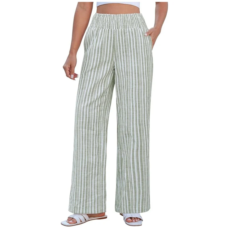 Damen Leichte Leinenoptik Palazzohose mit hohem Smokbund und Eingrifftaschen Nord Taschen
