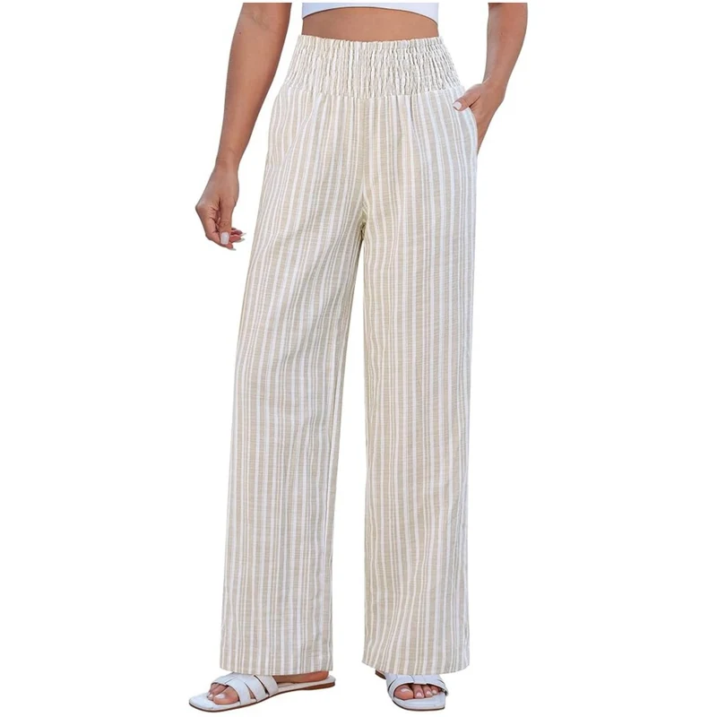Damen Leichte Leinenoptik Palazzohose mit hohem Smokbund und Eingrifftaschen Nord Taschen