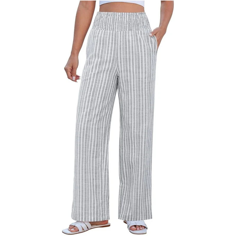 Damen Leichte Leinenoptik Palazzohose mit hohem Smokbund und Eingrifftaschen Nord Taschen