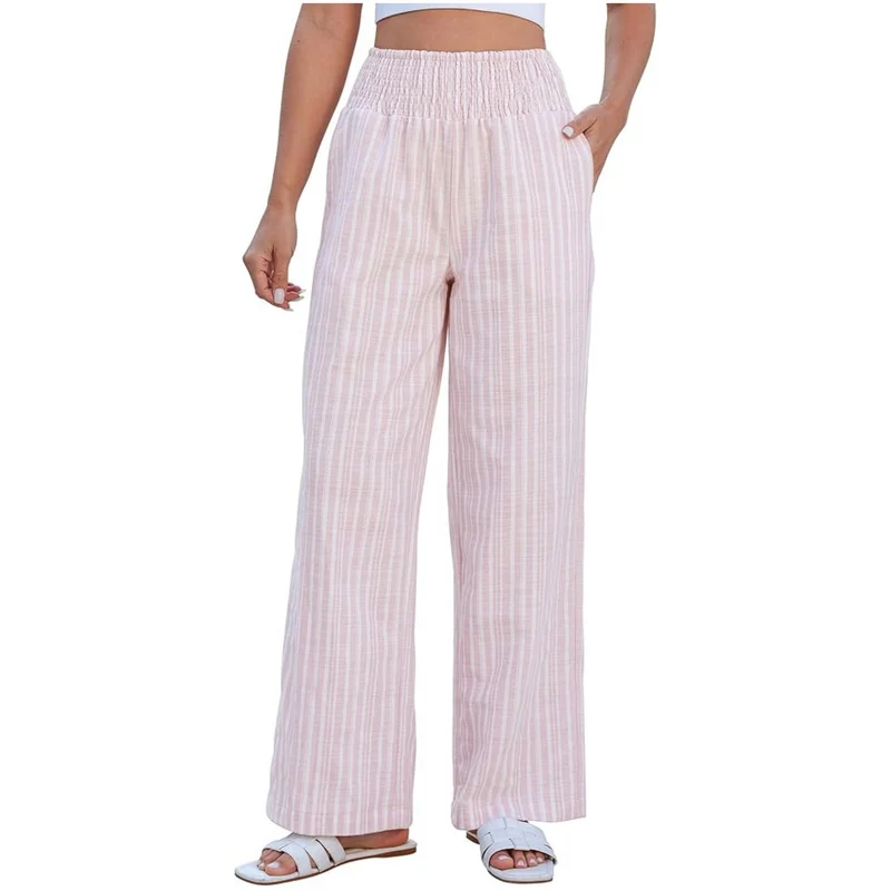 Damen Leichte Leinenoptik Palazzohose mit hohem Smokbund und Eingrifftaschen Nord Taschen