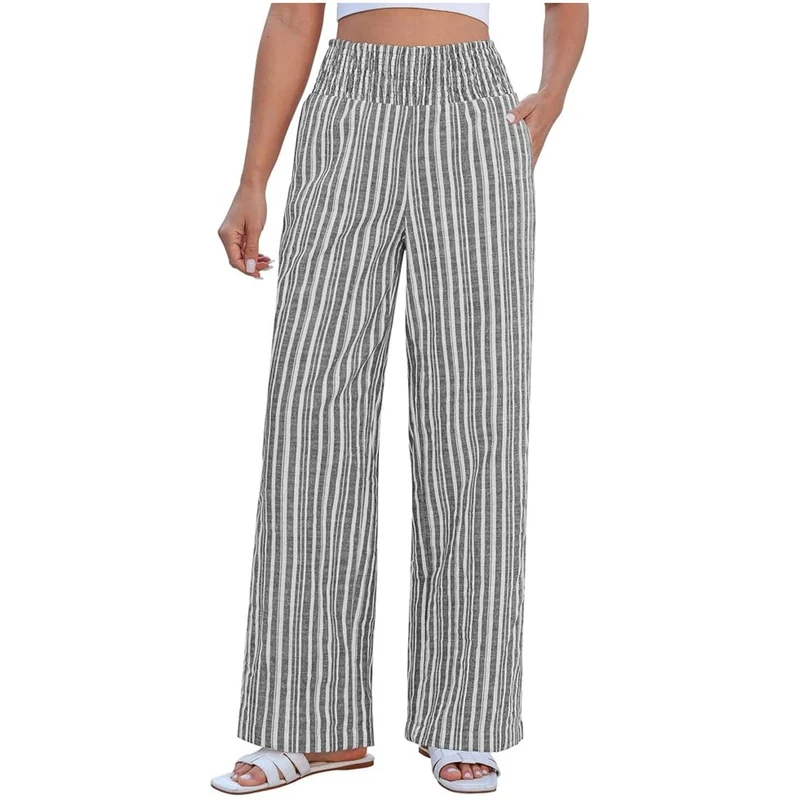 Damen Leichte Leinenoptik Palazzohose mit hohem Smokbund und Eingrifftaschen Nord Taschen