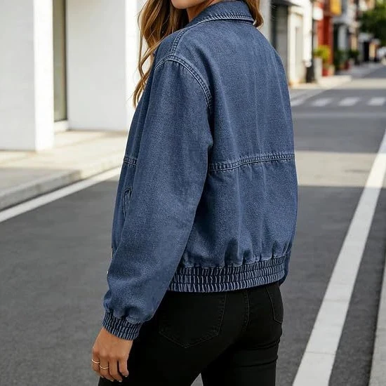 Damen Leichte Cropped-Jeansjacke mit Gummibündchen und Reißverschluss Nord Taschen