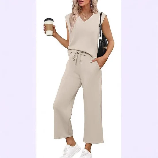 Damen Lässiges Zweiteiliges Lounge-Set mit Ärmellosem V-Neck-Top und Weiten Kordelbund-Hosen Nord Taschen