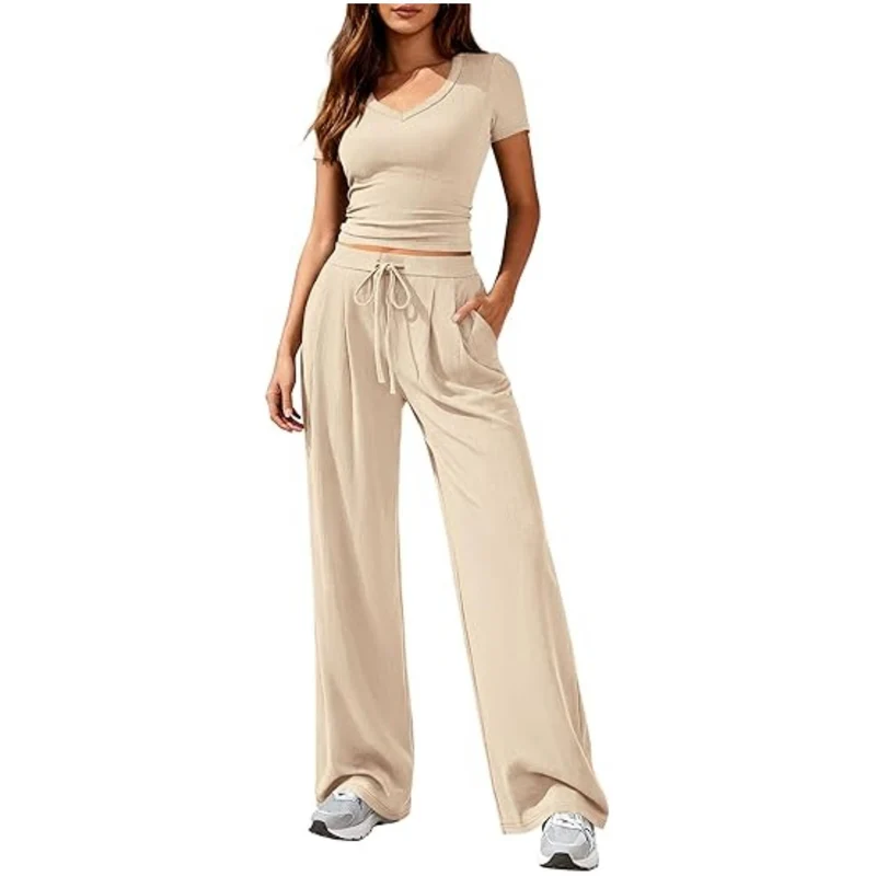 Damen Lässiges Lounge-Set mit tailliertem V-Ausschnitt bauchfreiem Top und weitem Kordelbund-Hose Nord Taschen