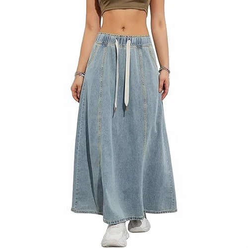 Damen Langer A-Linien Jeansrock mit elastischem Bund und Kordel Nord Taschen
