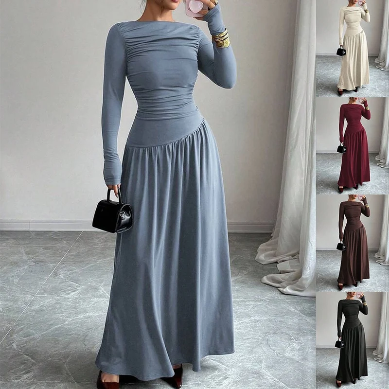 Damen Maxikleid mit gerafftem Oberteil, tailliertem Bund und Langarm Nord Taschen