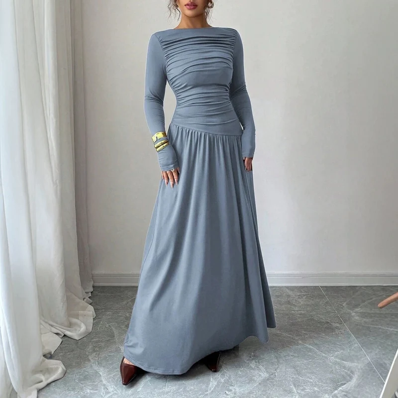 Damen Maxikleid mit gerafftem Oberteil, tailliertem Bund und Langarm Nord Taschen
