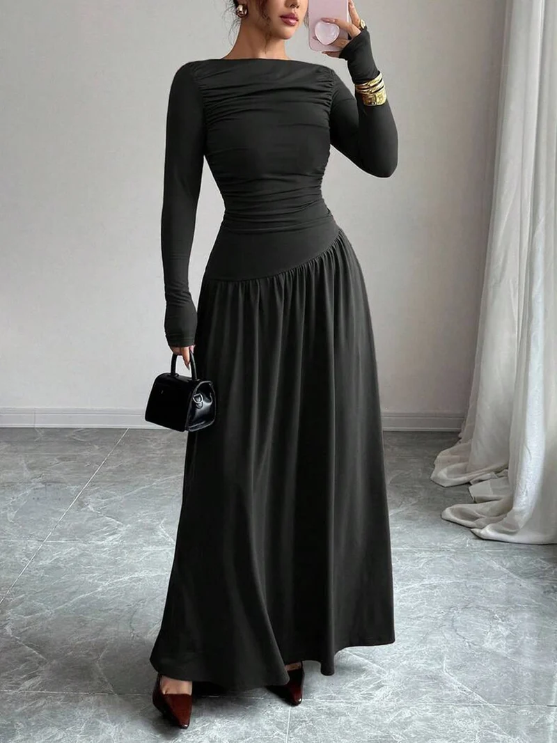 Damen Maxikleid mit gerafftem Oberteil, tailliertem Bund und Langarm Nord Taschen