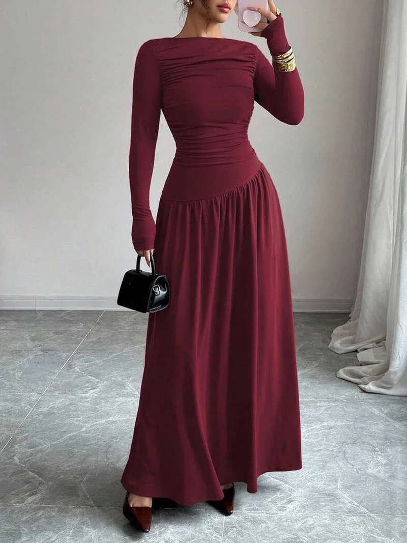 Damen Maxikleid mit gerafftem Oberteil, tailliertem Bund und Langarm Nord Taschen