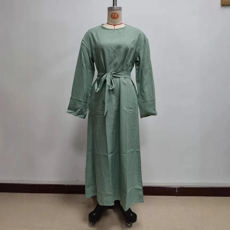 Damen Maxikleid aus Leinen-Mix mit Taillengürtel und weiten Manschellen Nord Taschen